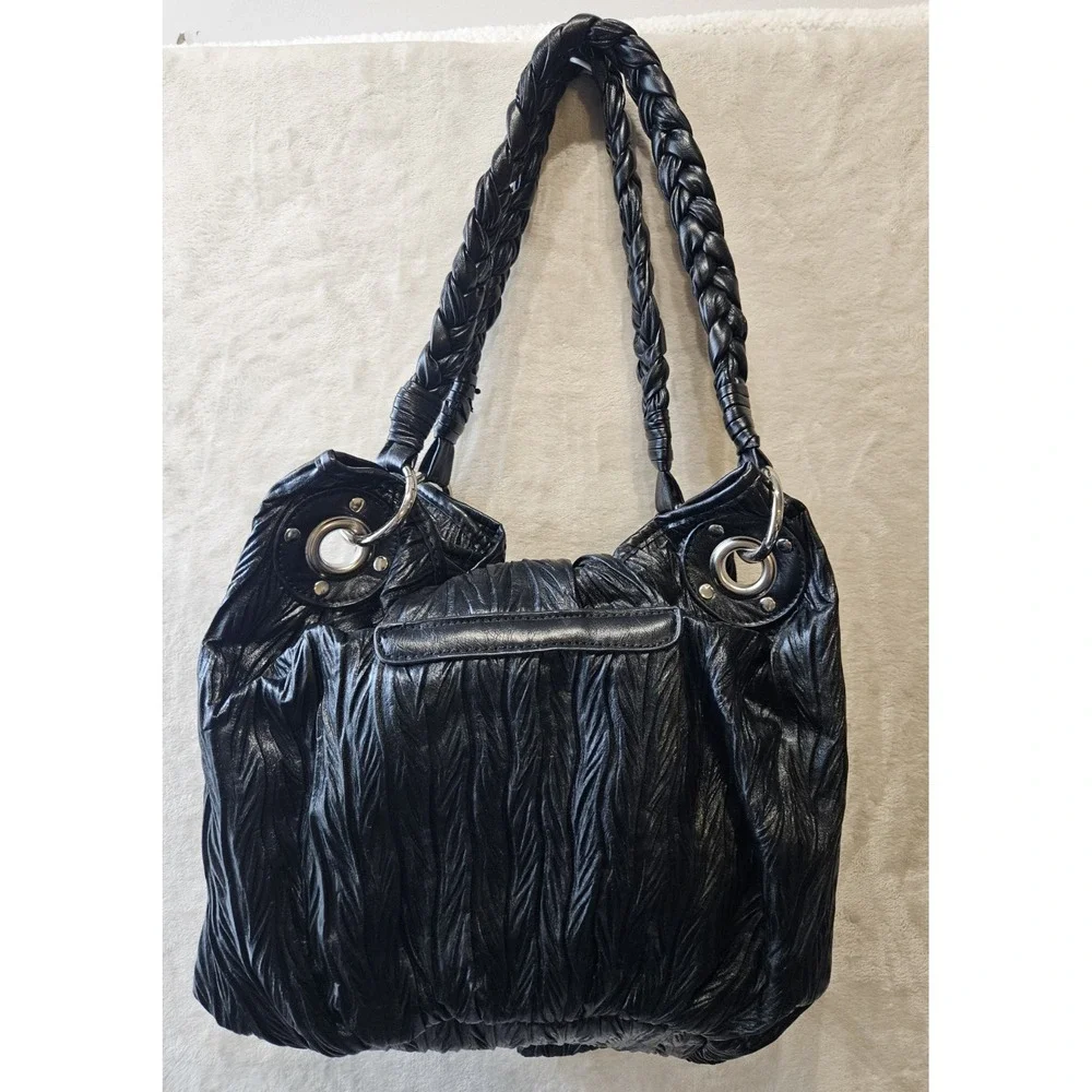 Anthropologie Melie Bianco‎ Black Ruched Bow Braided Handle Shoulder Bag Y2K